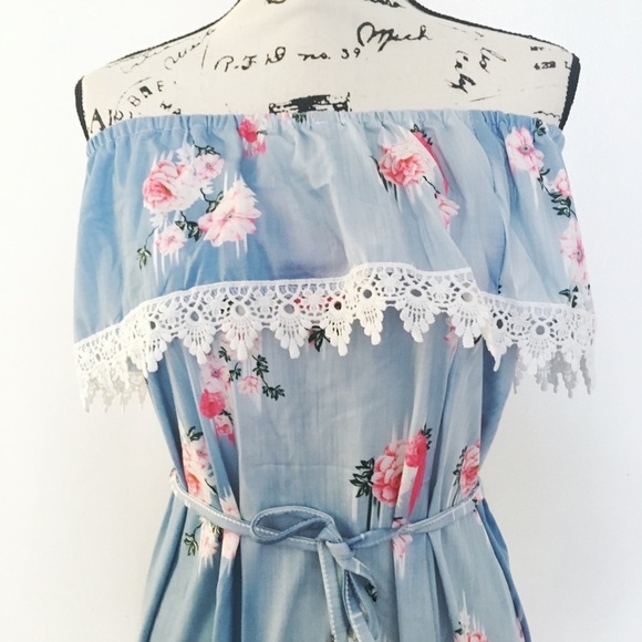 Floral Denim Loom Off The Shoulder Dress - Picture 6 of 8